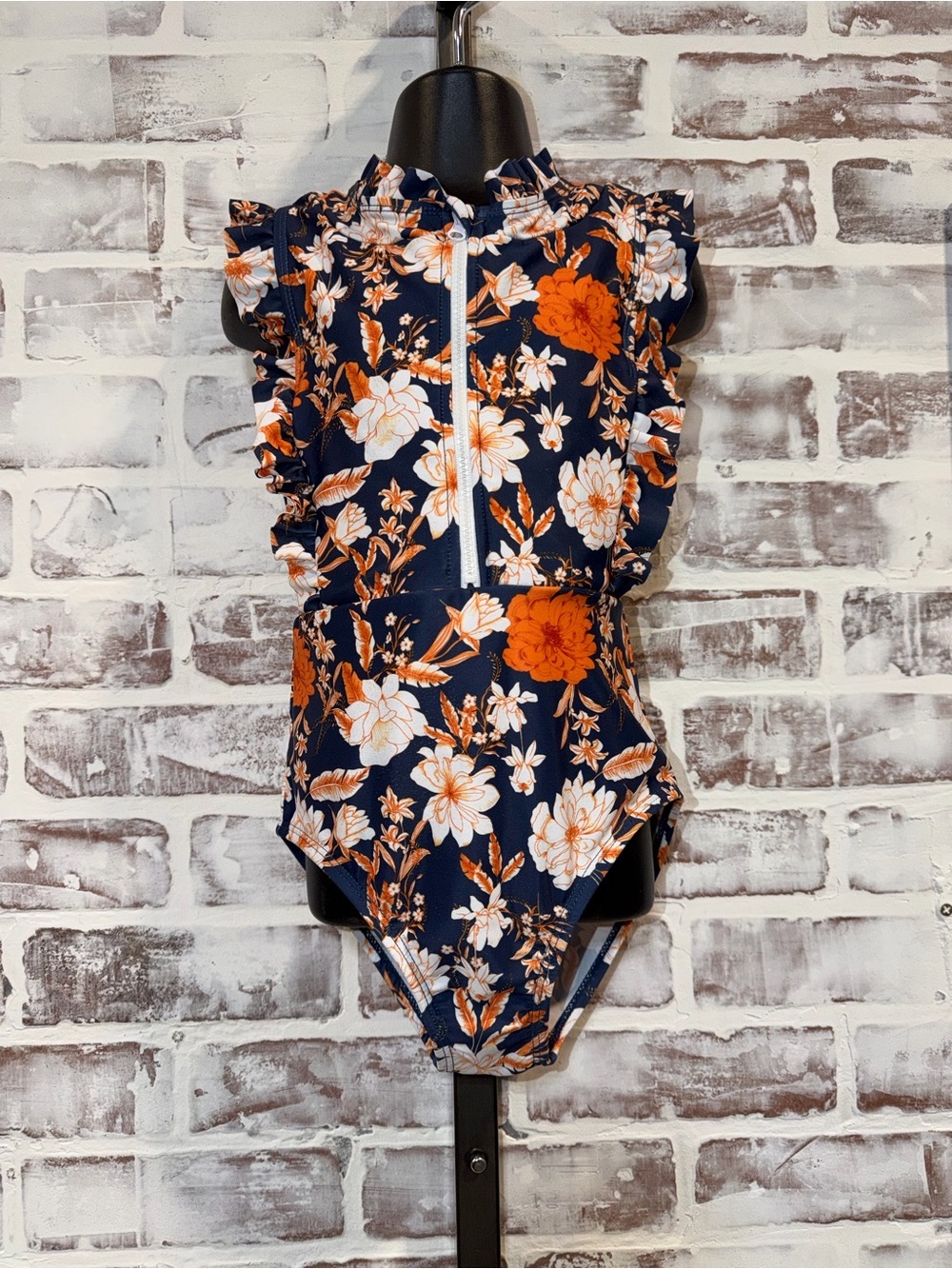 Kids Floral Ruffle One-Piece Swimsuit - Navy & Orange